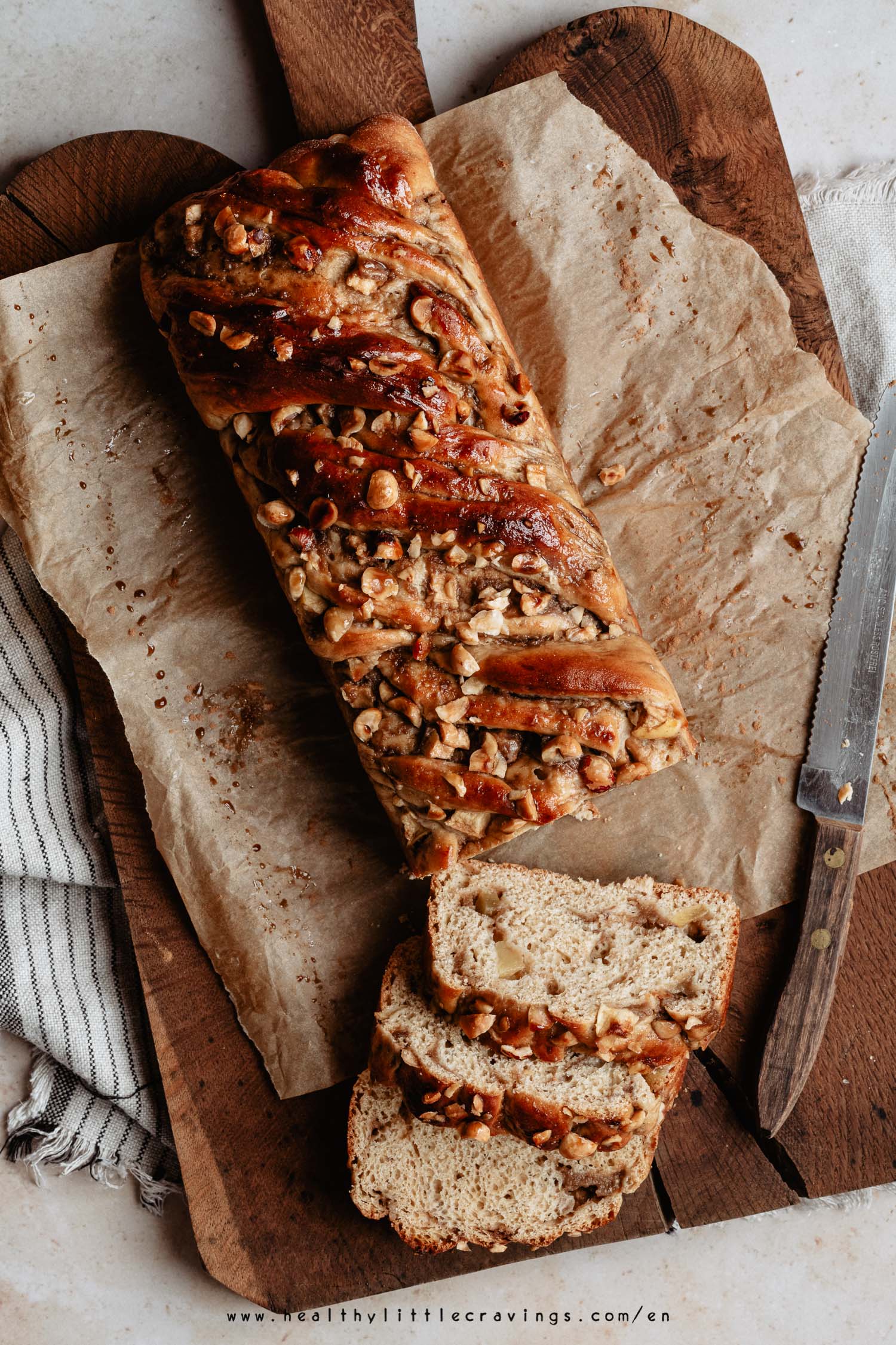 Homemade apple cinnamon babka on cutting board