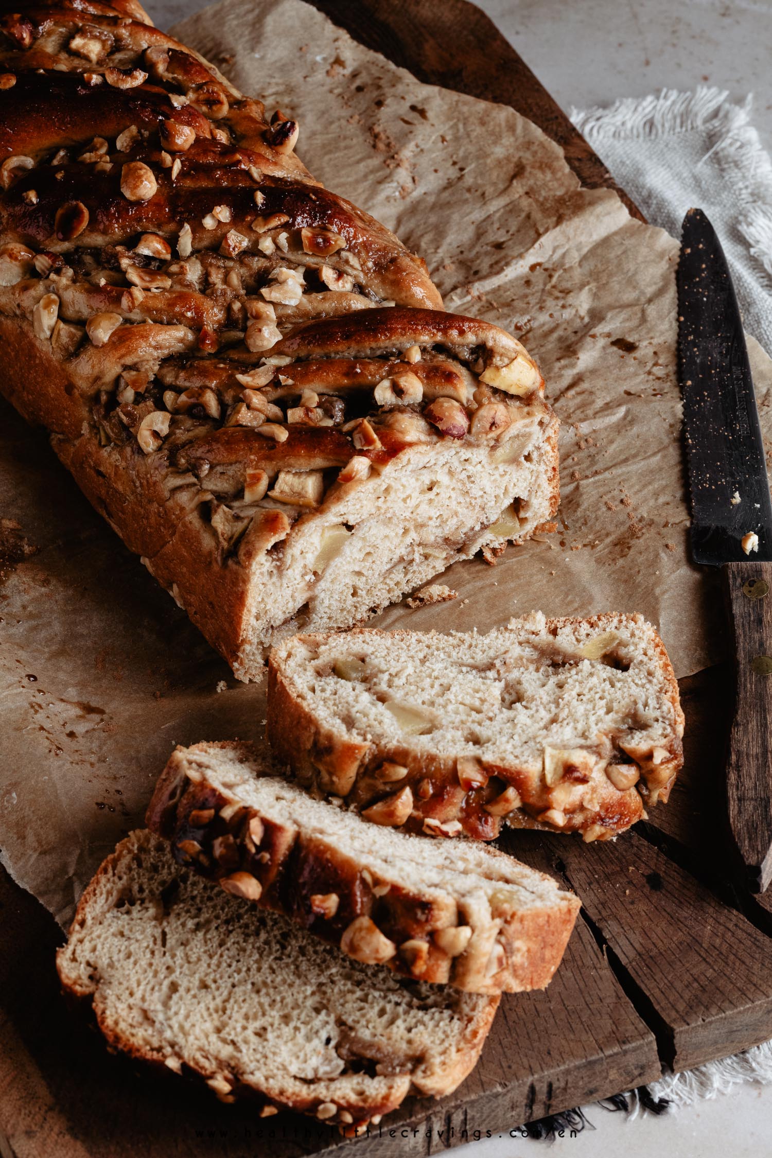 Slices of apple cinnamon babka on cutting board