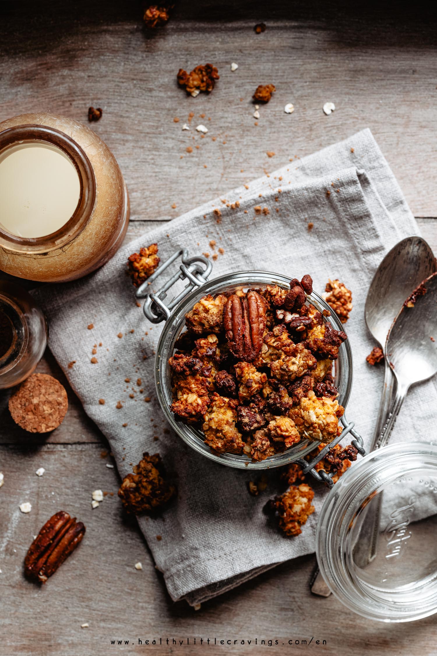 Pumpkin granola into a jar flat-lay