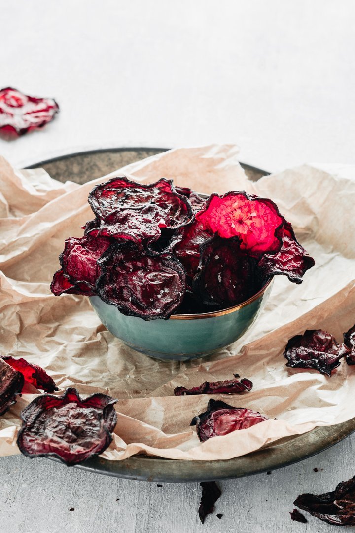 easy baked beetroot chips served into a bowl