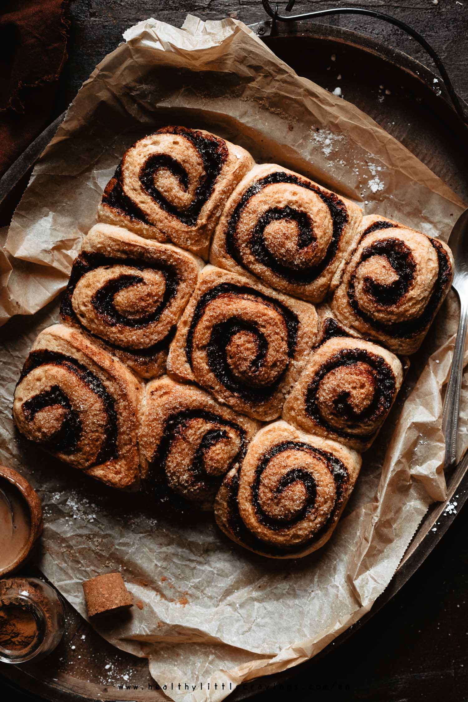 A tray with 9 healthy cinnamon rolls