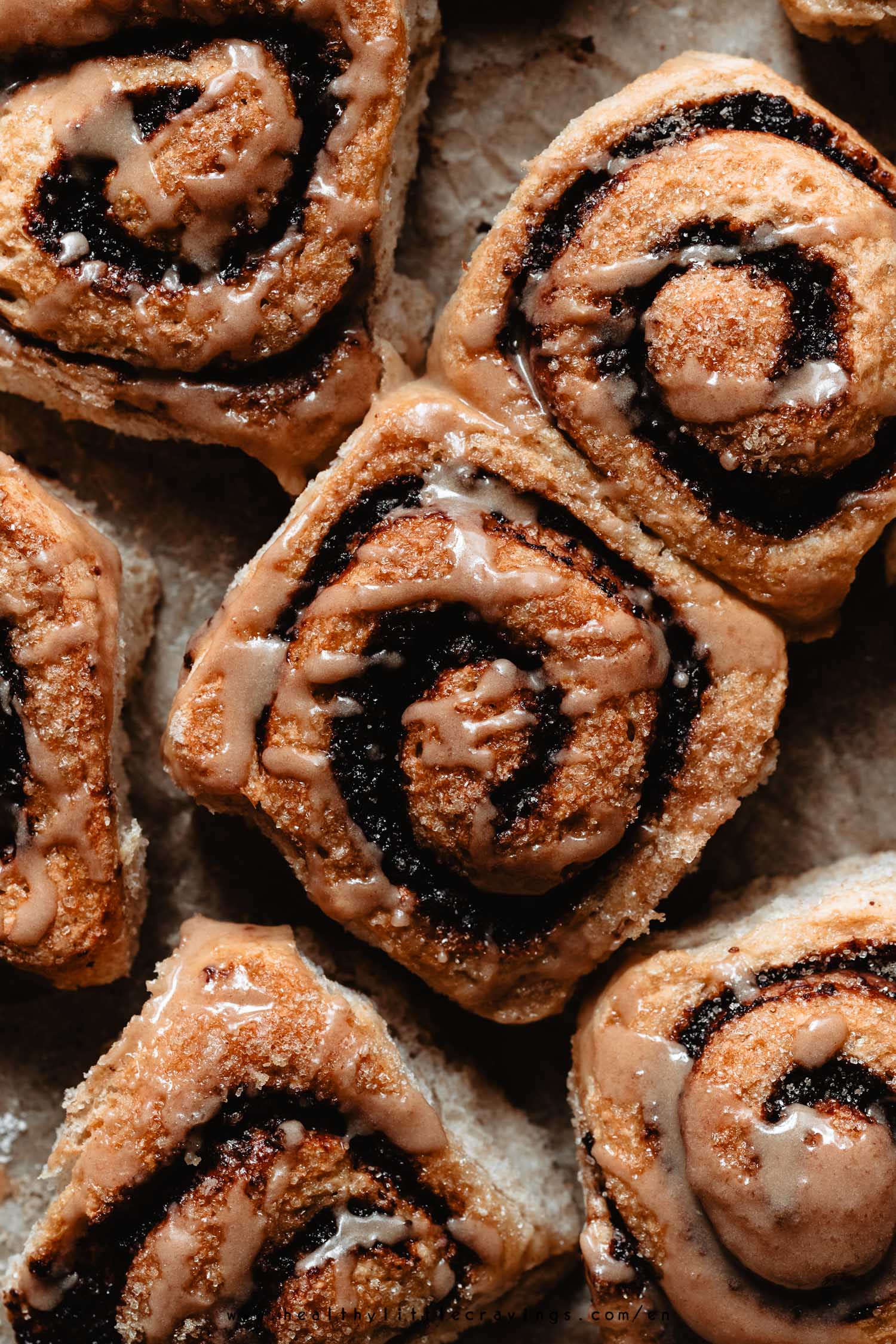 Macro shot of healthy cinnamon rolls with chocolate filling