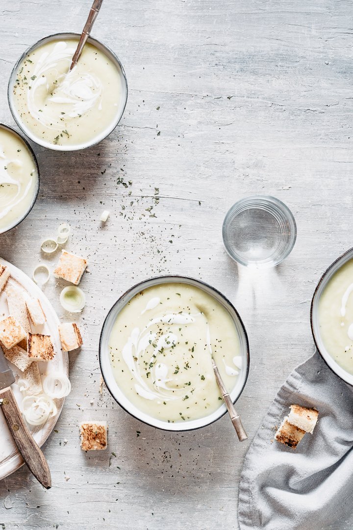 Super creamy velvety potato leek soup with vegan option