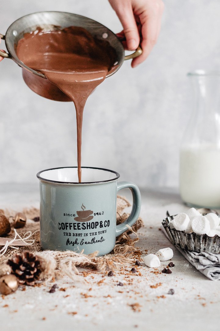 Action shot: pouring creamy hot chocolate into a mug