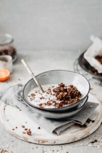 Vegan and healthy homemade granola with chocolate and orange