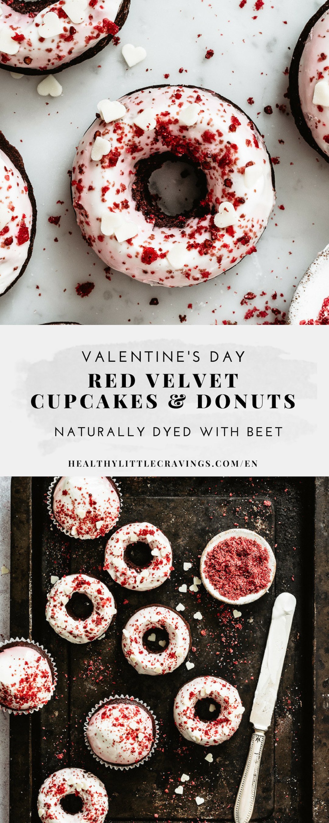 Easy red velvet cupcake recipe + donuts to pin on Pinterest