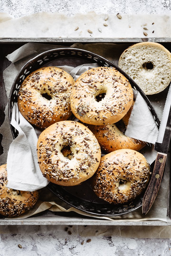 Healthy homemade bagels on a tray ready to be cut