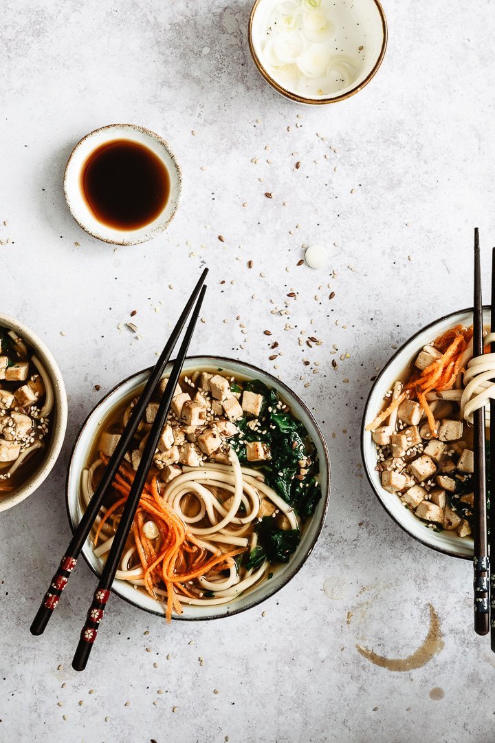 Vegan miso soup with udon noodles served in a bowl