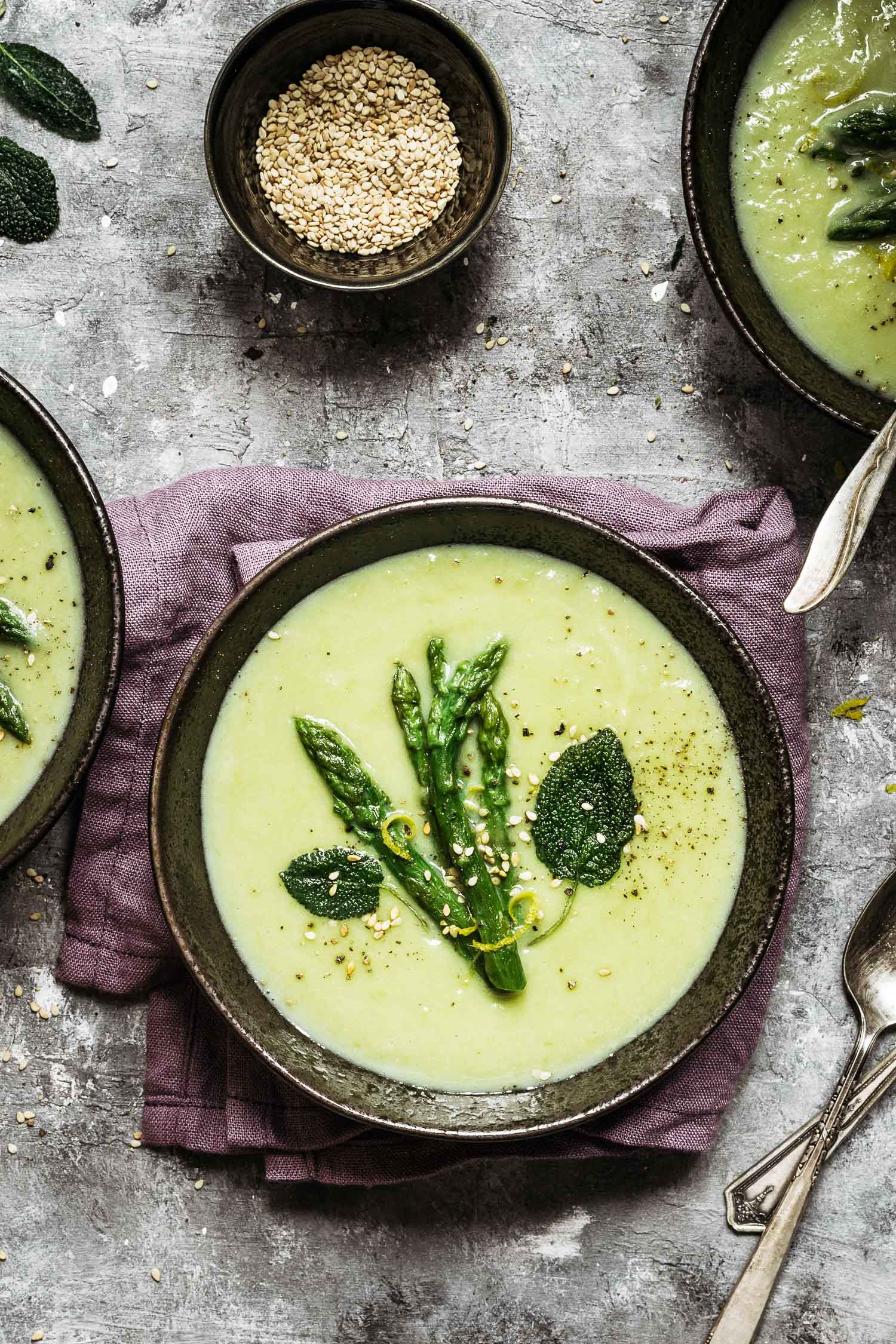 An easy asparagus soup recipe for you: soup into a ceramic bowl