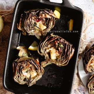 Easy peasy roasted artichoke halves into a casserole