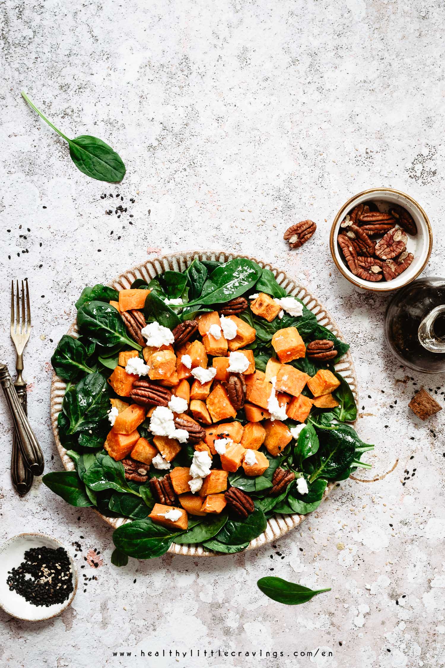 SPINACH GOAT CHEESE SALAD WITH PECANS & SWEET POTATOES
