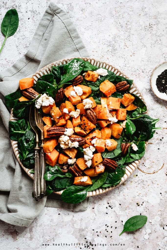 Sweet potatoes spinach goat cheese salad