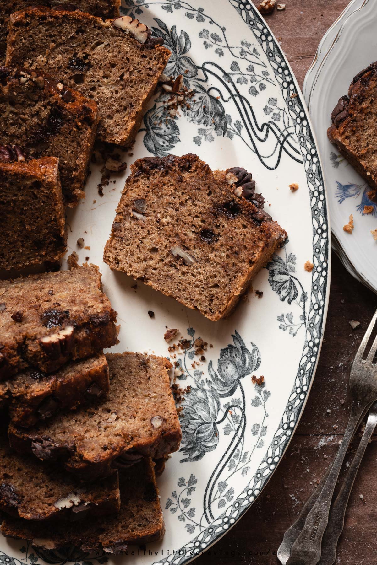 Close up of a slice of this moist banana bread recipe