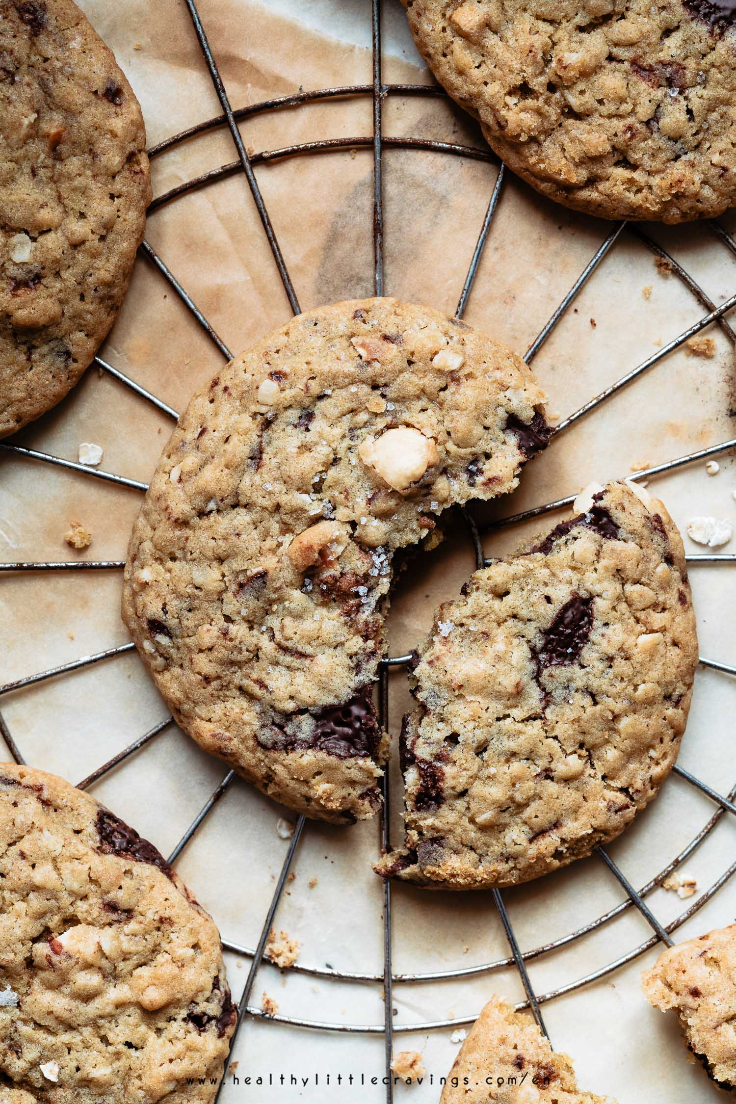 A single chewy choc chip cookie with hazelnuts and oats