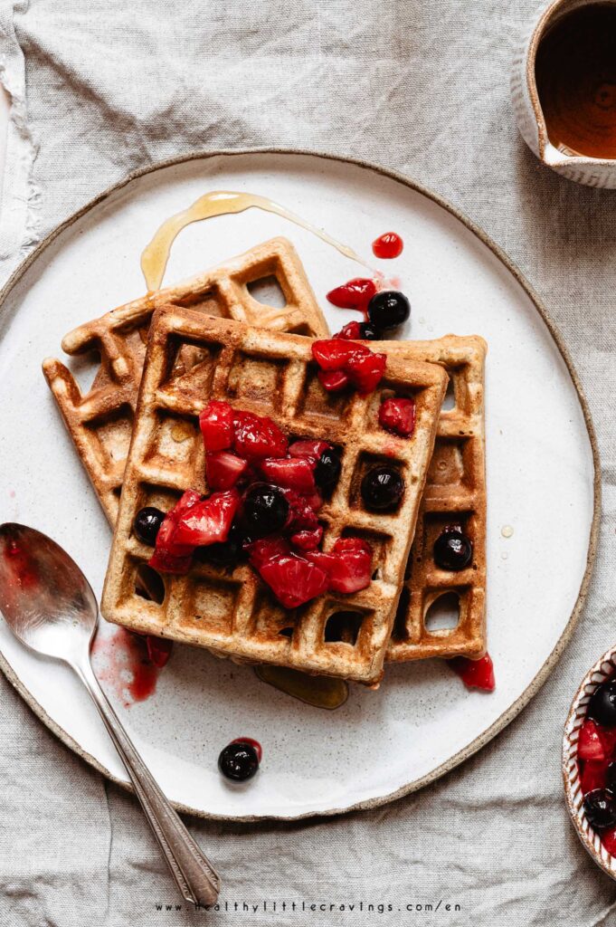 no baking powder powder waffles  topped with strawberries