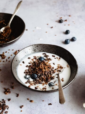A bowl of yogurt and chocolate granola - learn how to make vanilla yogurt at home!