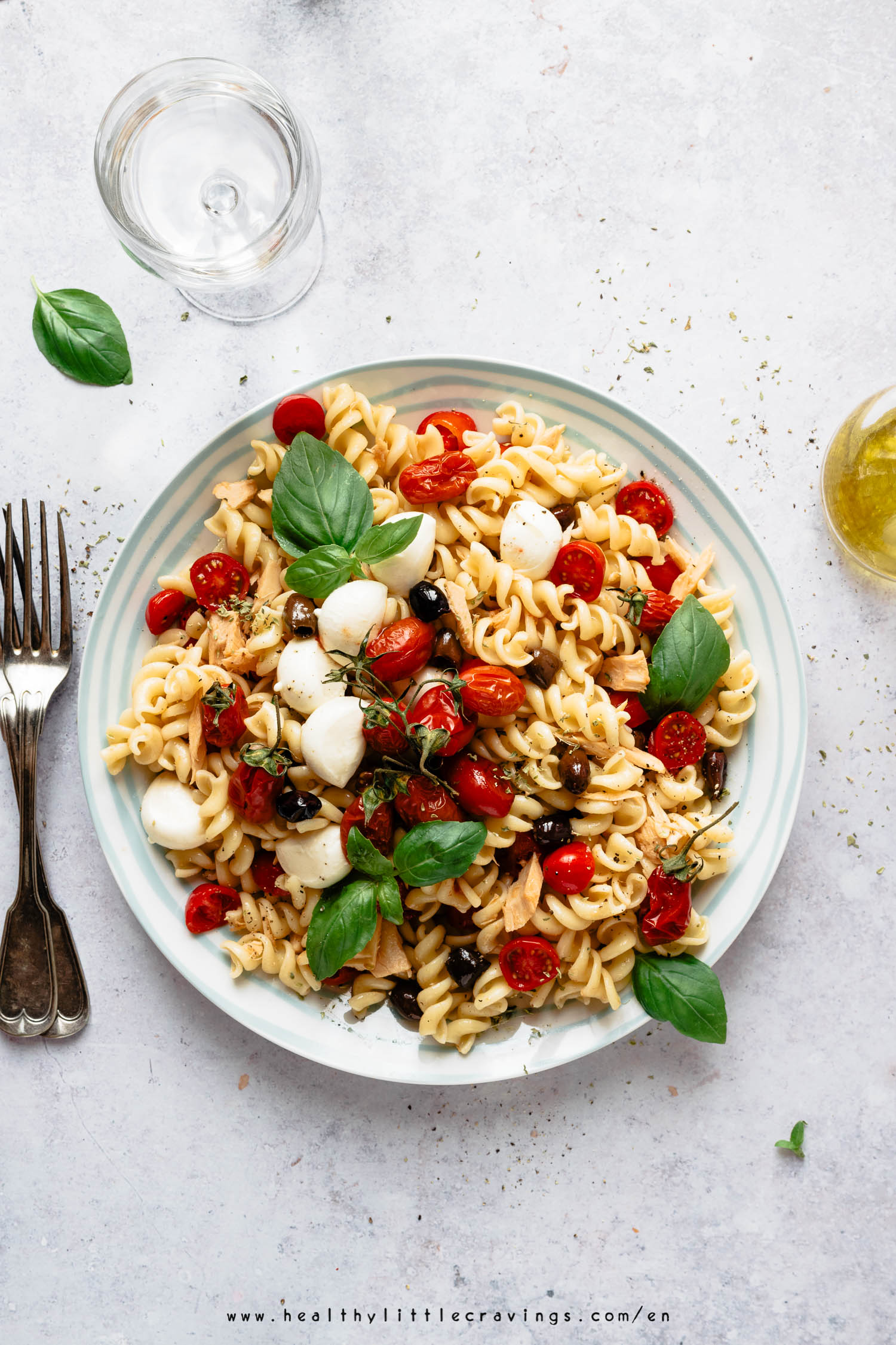Mediterranean pasta salad with tomatoes, mozzarella and tuna 