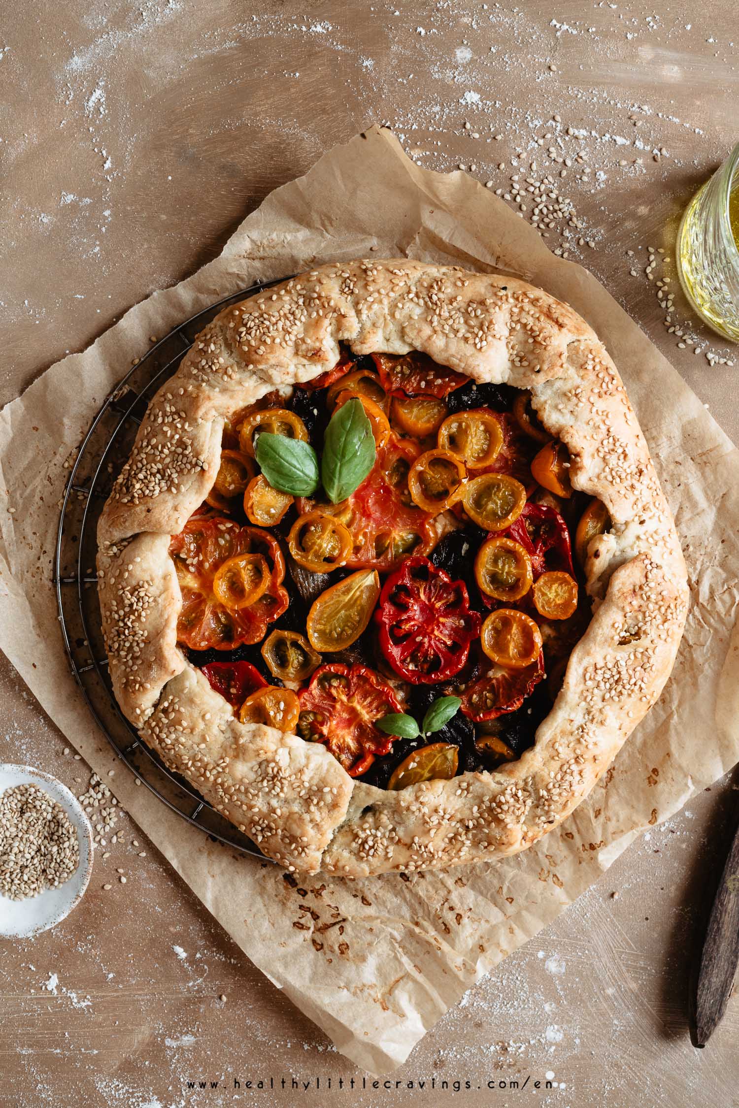 Easy tomato galette on parchment paper 