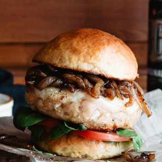 Healthy grilled turkey burger with caramelized onions