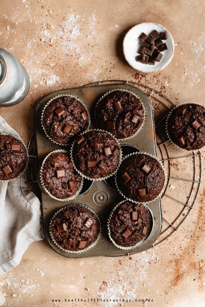 Nine zucchini muffins with chocolate into muffin tin