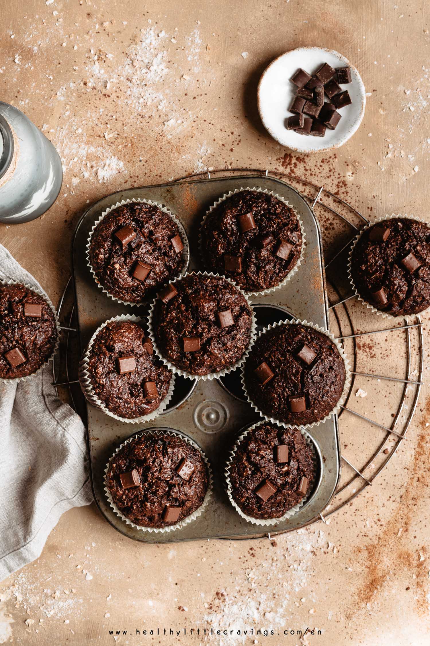 Nine zucchini muffins with chocolate  into muffin tin