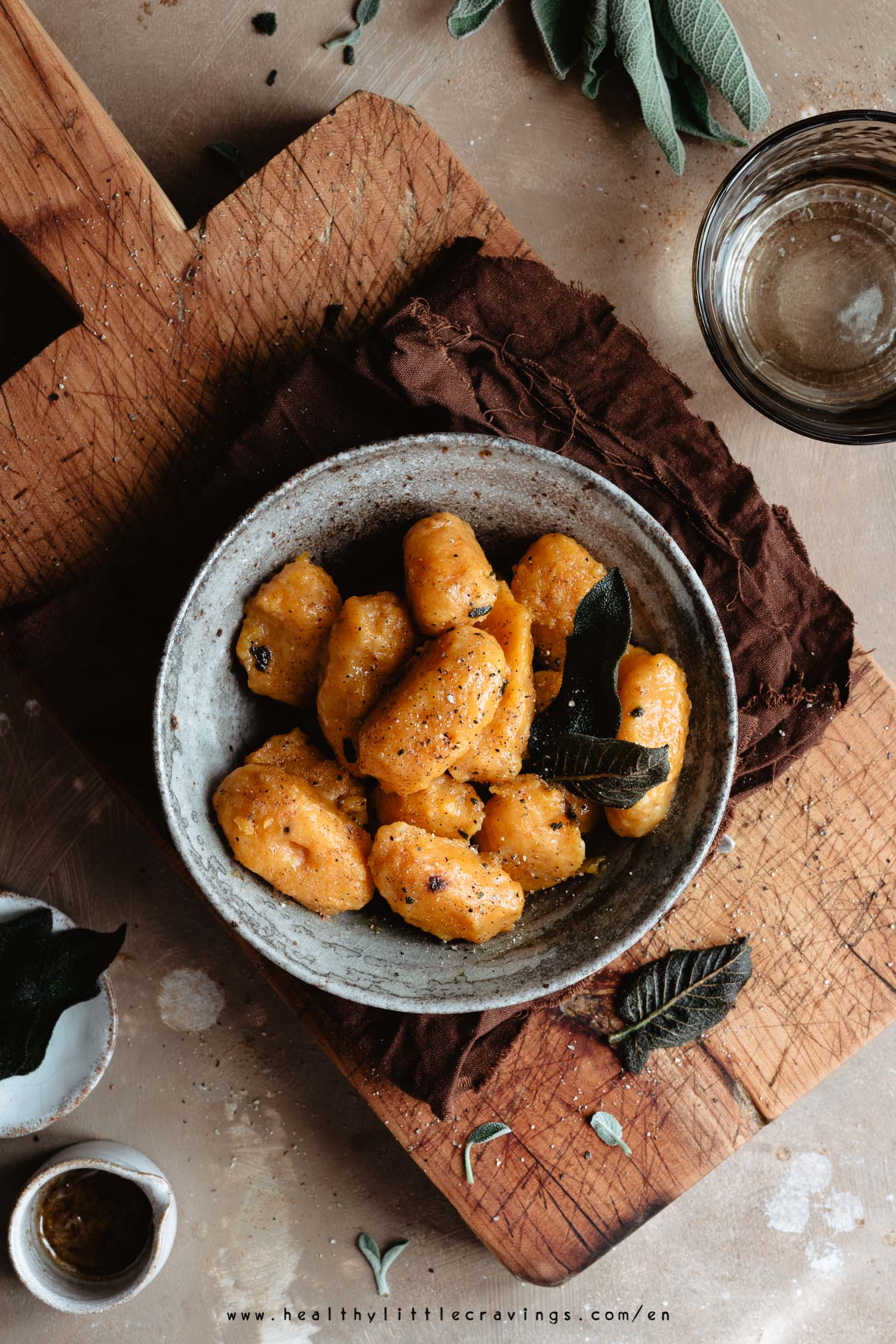 Pumpkin gnocchi into a bowl flat-lay