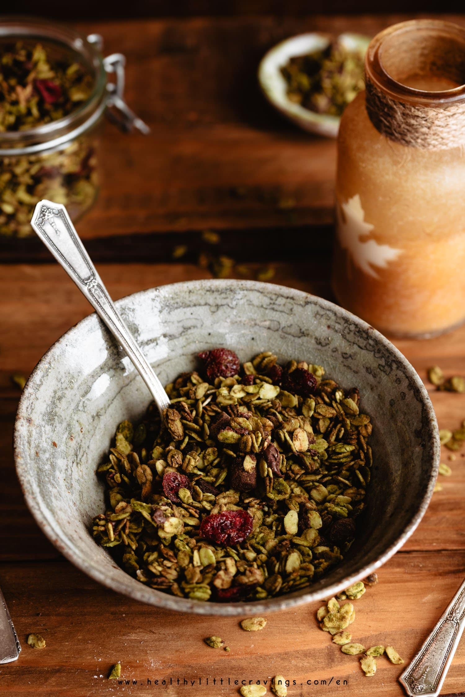 Matcha granola into a bowl