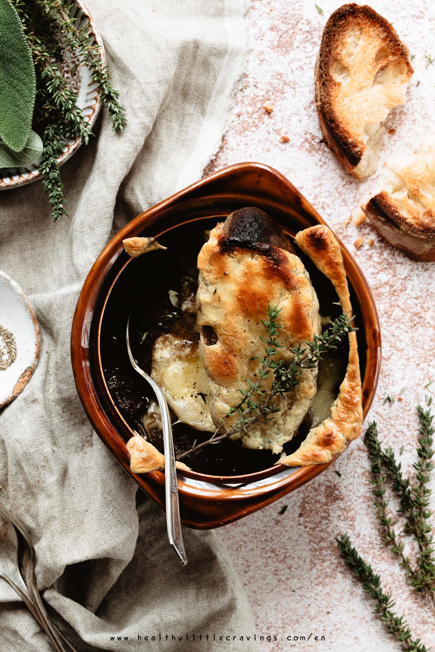 Top view of vegetarian onion soup