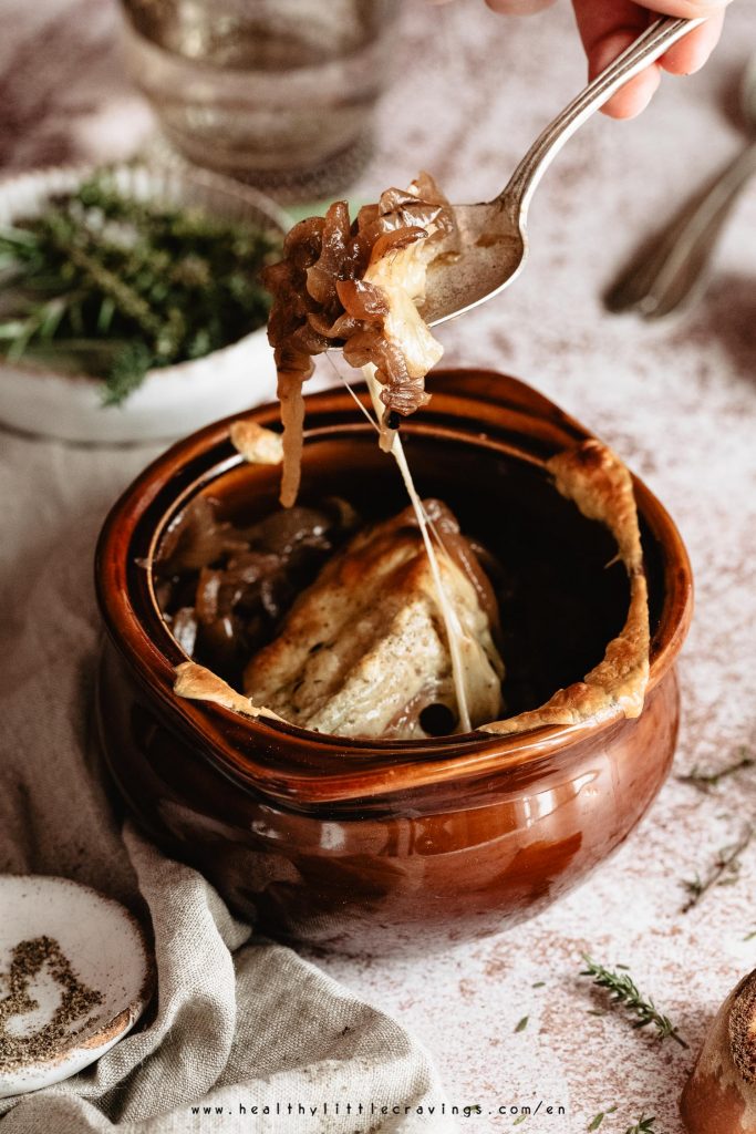 Delicious cheese in a french onion soup