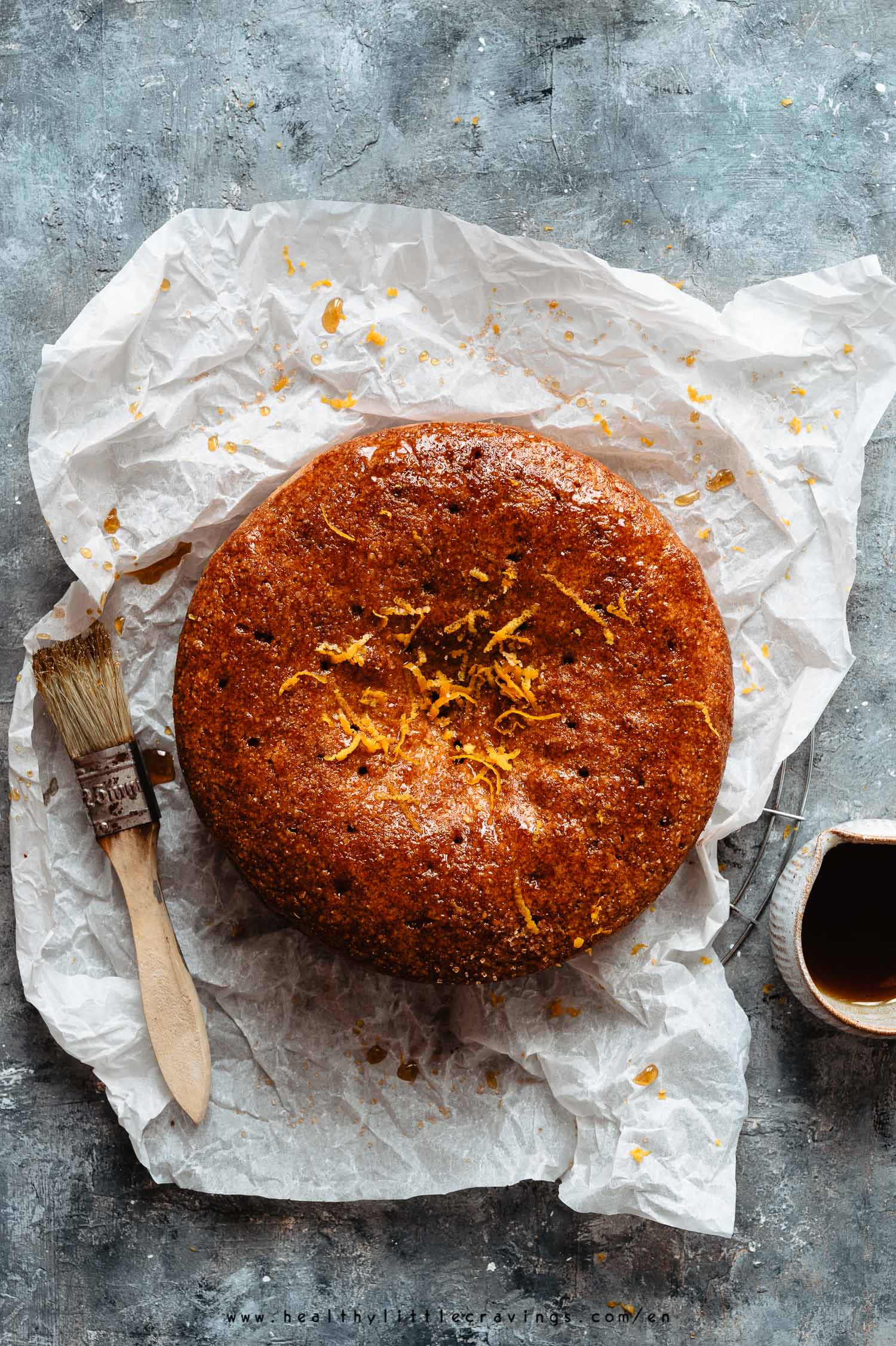 Orange polenta cake on parchment paper