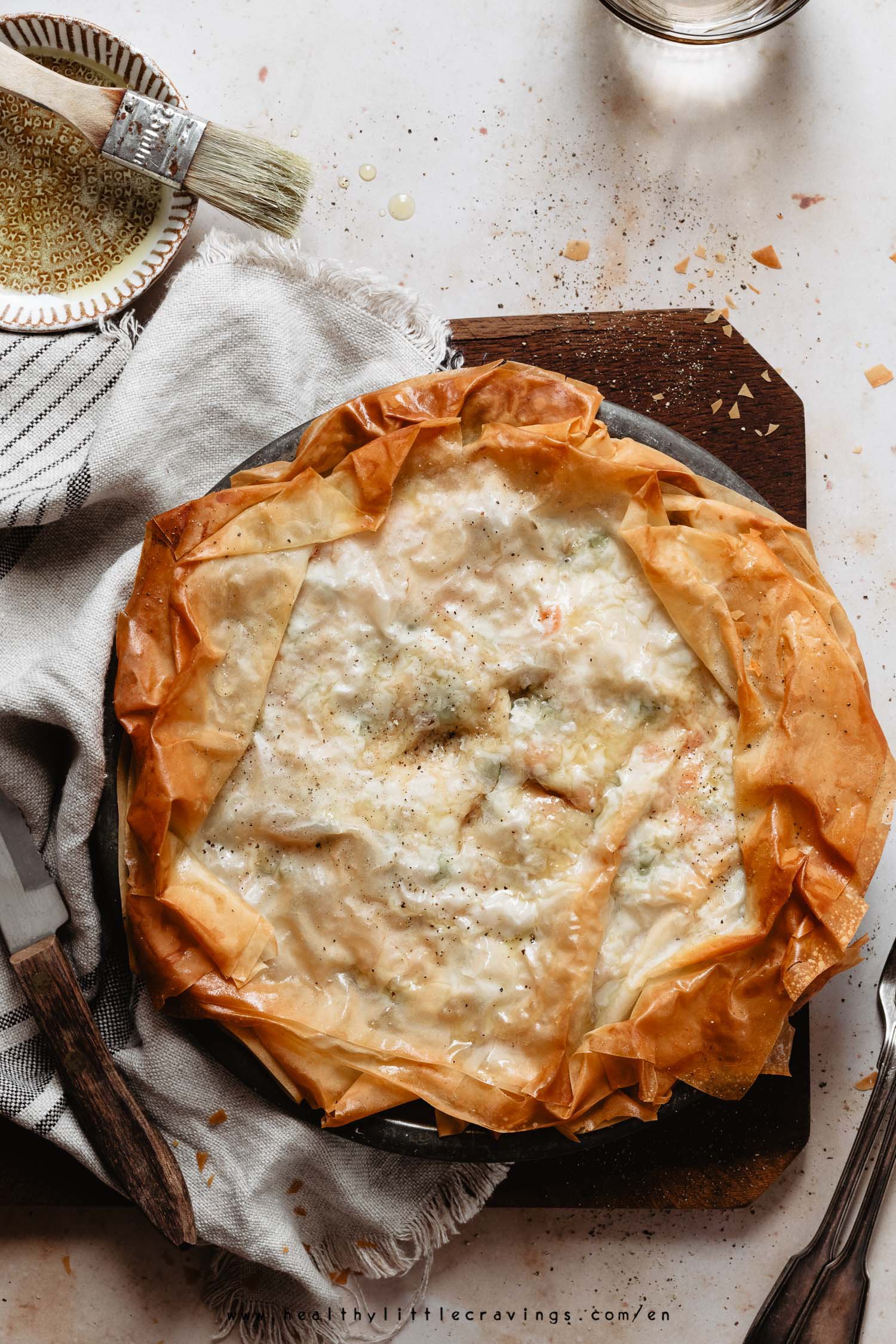 Healthy chicken pot pie with phyllo crust on a napkin