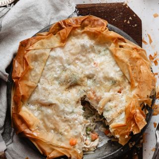 Healthy chicken pot pie into a baking pan