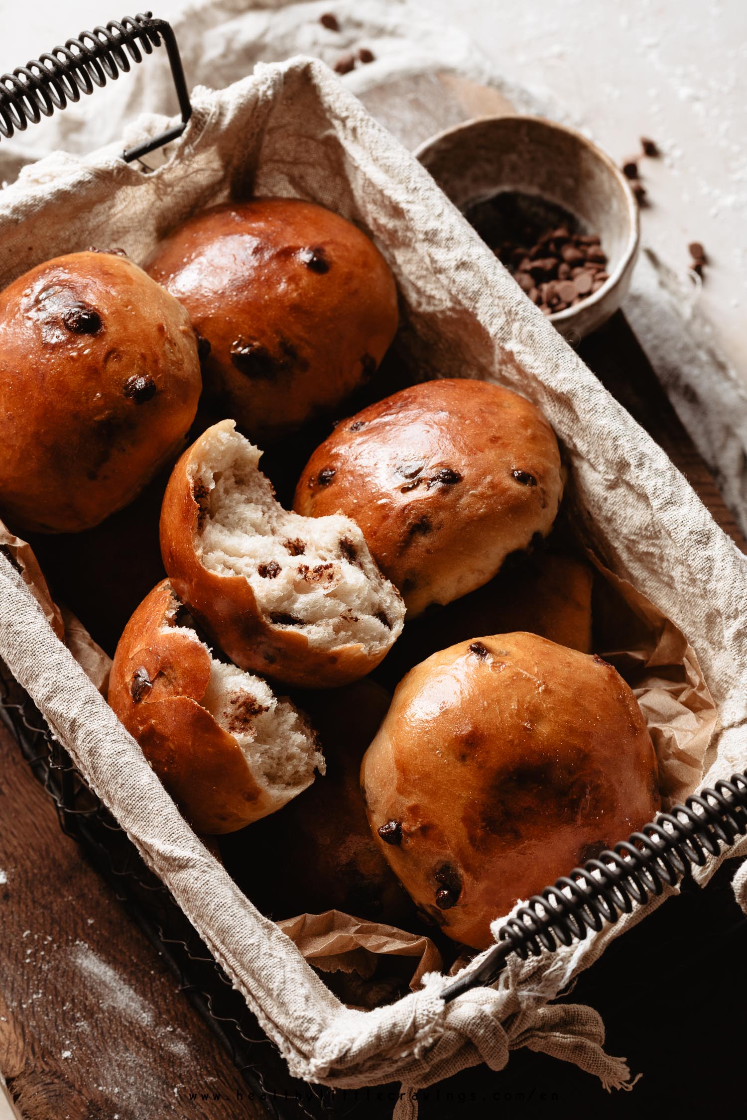 Chocolate chips milk buns in a basket