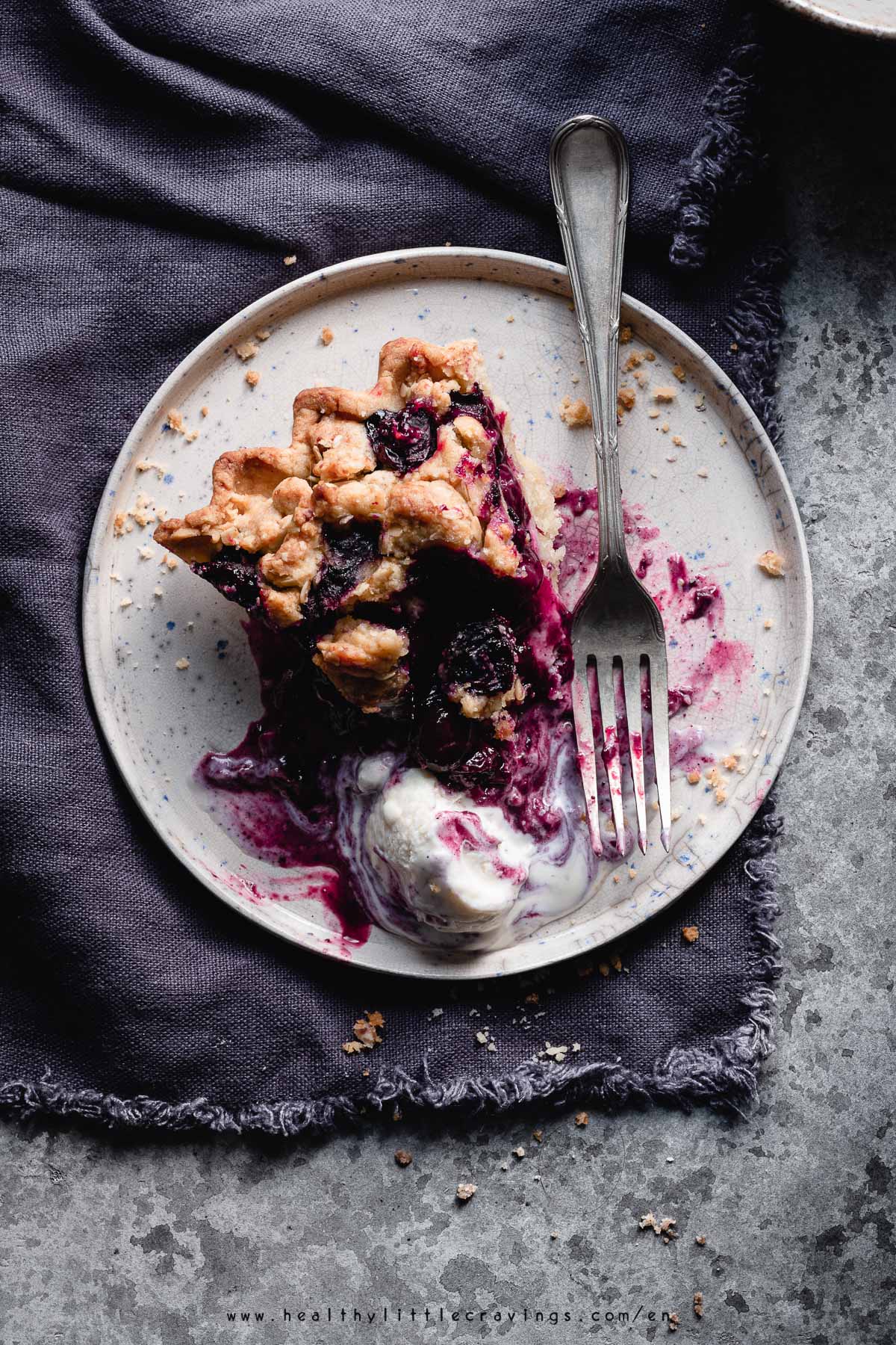 A slice of Blueberry pie with some melted ice cream.